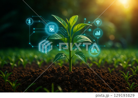 AI generated green seedling growing in rich soil with glowing digital interface icons symbolizing smart agriculture innovation data monitoring precision and sustainable farming AI generated green seedling growing in rich soil with glowing digital interface icons symbolizing smart agriculture innovation data monitoring precision and sustainable farming 129193829