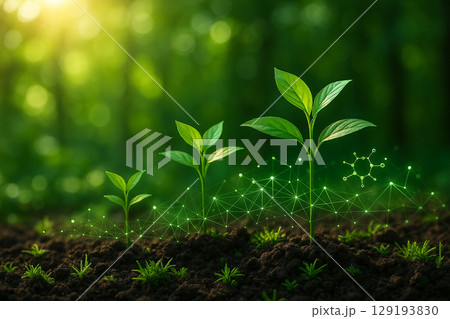 AI generated fresh green seedlings in moist soil with glowing digital IoT networks and molecular patterns symbolizing smart farming precision agriculture sustainability and future innovation 129193830