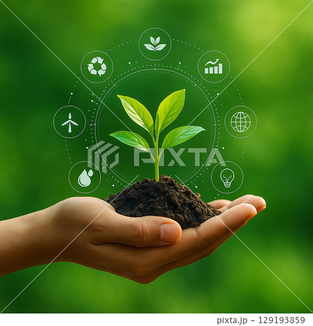 AI generated image of a hand holding fresh soil with a green seedling surrounded by digital icons representing sustainability smart farming and innovation on a blurred green background AI generated image of a hand holding fresh soil with a green seedling surrounded by digital icons representing sustainability smart farming and innovation on a blurred green background 129193859