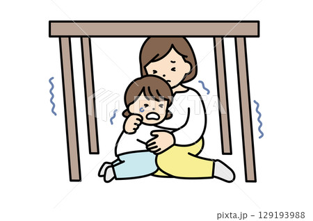 地震で机の下に避難する親子のイラスト素材 129193988