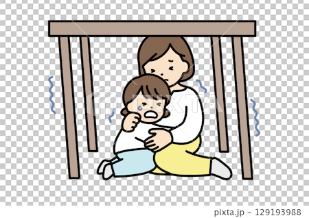 地震で机の下に避難する親子のイラスト素材 129193988