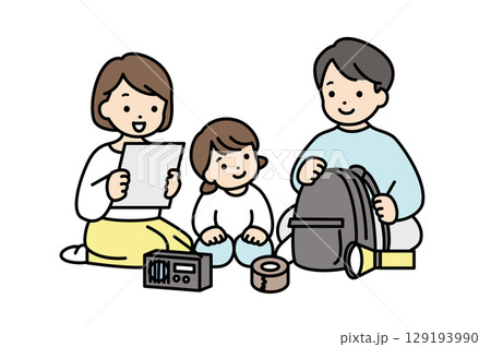 地震に備えて非常用持ち出し袋の準備をする家族 地震に備えて非常用持ち出し袋の準備をする家族 129193990