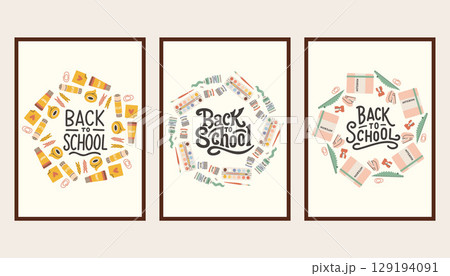 Back to school simple poster set. Trendy school banners, backgrounds. Modern design with school supplies, education stickers, doodle. Back to school, college, study concept. Back to school simple poster set. Trendy school banners, backgrounds. Modern design with school supplies, education stickers, doodle. Back to school, college, study concept. 129194091