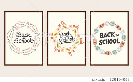 Back to school simple poster set. Trendy school banners, backgrounds. Modern design with school supplies, education stickers, doodle. Back to school, college, study concept. Back to school simple poster set. Trendy school banners, backgrounds. Modern design with school supplies, education stickers, doodle. Back to school, college, study concept. 129194092