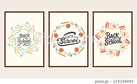 Back to school simple poster set. Trendy school banners, backgrounds. Modern design with school supplies, education stickers, doodle. Back to school, college, study concept. 129194093