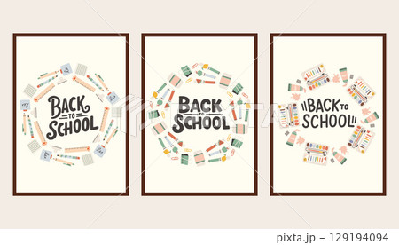 Back to school simple poster set. Trendy school banners, backgrounds. Modern design with school supplies, education stickers, doodle. Back to school, college, study concept. Back to school simple poster set. Trendy school banners, backgrounds. Modern design with school supplies, education stickers, doodle. Back to school, college, study concept. 129194094