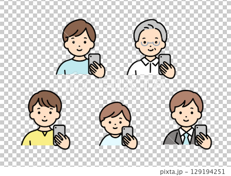 Illustration material of men of various generations holding smartphones Illustration material of men of various generations holding smartphones 129194251