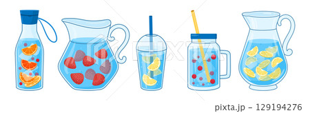 Cartoon water jugs. Refreshing iced drinks with fruits in glass and plastic jugs and bottles flat vector illustration set. Mineral water pitchers 129194276