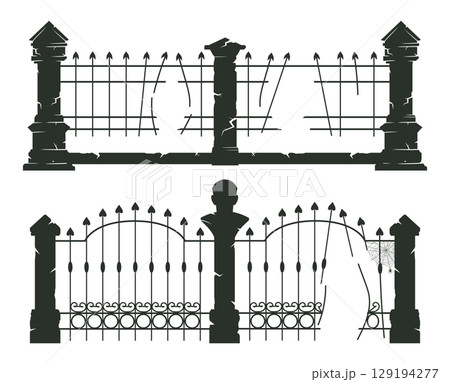 Cemetery fence silhouettes. Halloween creepy cemetery gates, spooky horror halloween decorations flat vector illustration set. Churchyard fences on white 129194277