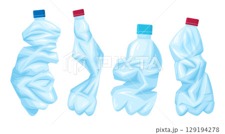 Crushed water bottles. Crumpled empty plastic bottles, plastic trash bottles for recycling flat vector illustration set. Cartoon broken plastic water containers 129194278