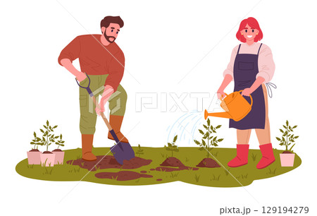 Farm work scene. Agriculture harvesting, men and woman doing gardening and husbandry, people harvesting crop flat vector illustration. Farm workers care about plants 129194279