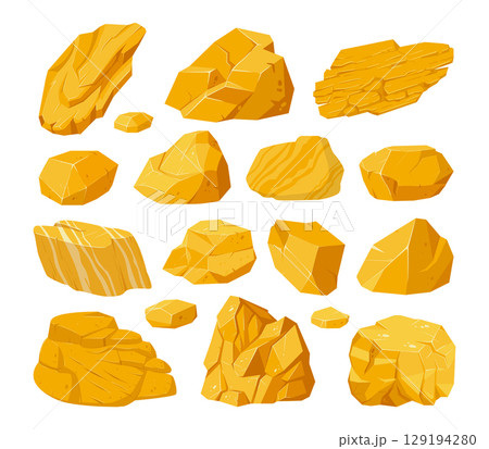 Golden shiny stones. Gold mine nuggets, yellow golden jewel nuggets flat vector illustration set. Cartoon golden treasure rocks collection 129194280