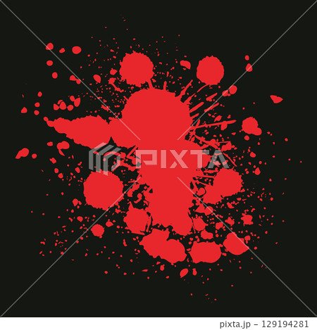 Grunge blood drops silhouettes. Spooky halloween party decorations, red dripping blood splash flat vector illustration. Halloween blood splatter on dark background 129194281