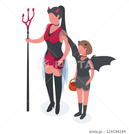 Halloween party characters. Isometric mom and daughter wearing cute carnival costumes, trick or treat masquerade party 3d vector illustration. Bat and she-devil carnival costumes 129194284