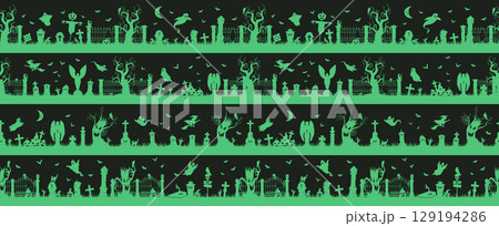 Halloween seamless borders. Spooky cemetery decorations, spooky grave stones with crosses, scary trees and ghosts flat vector illustration set. Gloomy landscape silhouettes 129194286