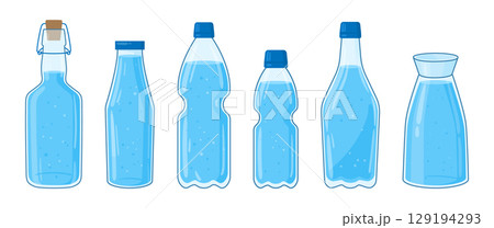 Plastic bottles. Water plastic containers, bottles of various shapes, mineral water flasks flat vector illustration set. Cartoon transparent water bottles 129194293