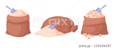 Sweet sugar powder textile bags. Cartoon sugar package, sugarcane product sackcloth bags flat vector illustration set. Sugarcane production bags Sweet sugar powder textile bags. Cartoon sugar package, sugarcane product sackcloth bags flat vector illustration set. Sugarcane production bags 129194297