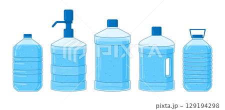 Water plastic containers. Big plastic bottles of various shapes, mineral water flasks flat vector illustration set. Cartoon transparent water bottles 129194298