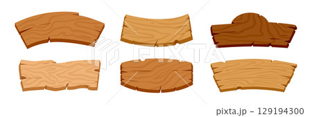 Wooden ribbons. Cartoon rustic sign boards and ribbon planks, wooden ribbon planks, curved banners vector illustrations set. Vintage ribbons signs 129194300