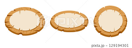 Wooden sign boards. Cartoon oval wood boards with old papyrus paper cards, blank wooden frames flat vector illustration set. Hanging wooden signs on white 129194301