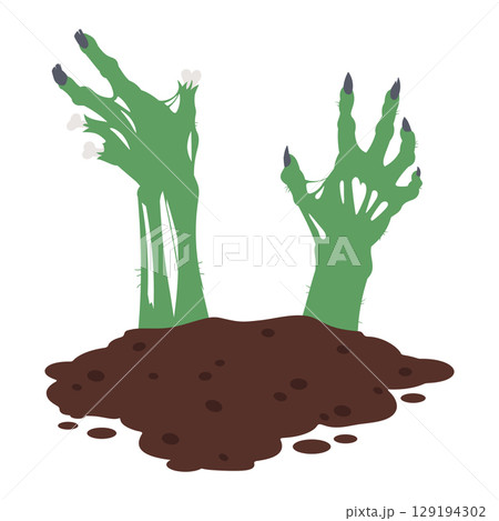 Zombie hands crawl out of grave. Halloween creepy zombie arms, spooky bony monsters hands flat cartoon vector illustration. Scrawny limbs sticking out of ground 129194302