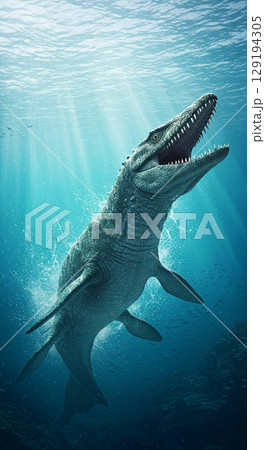 海に潜む巨大爬虫類モササウルスのリアルCG 129194305