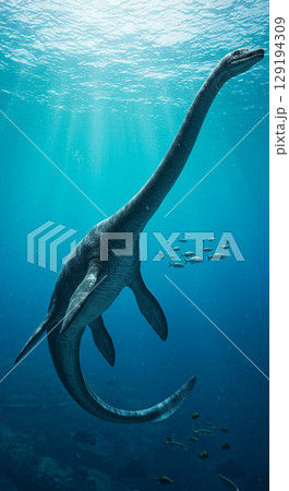 海に潜む巨大爬虫類モササウルスのリアルCG 129194309