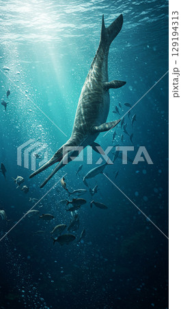 海に潜む巨大爬虫類モササウルスのリアルCG 129194313