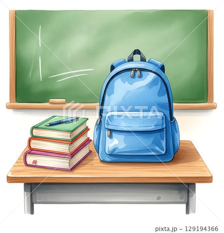 A blue backpack sits on a wooden desk and a stack of colorful books, topped with a pen. Behind them, a green chalkboard in a classroom. Back to school 129194366