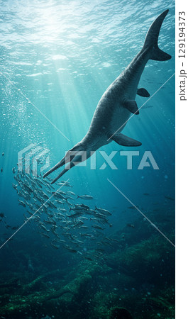 海に潜む巨大爬虫類モササウルスのリアルCG 129194373