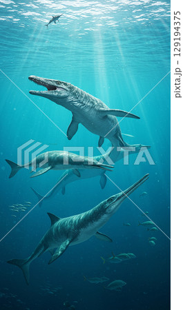 海に潜む巨大爬虫類モササウルスのリアルCG 129194375