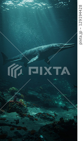 海に潜む巨大爬虫類モササウルスのリアルCG 129194428