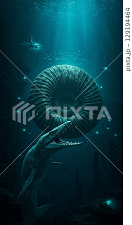 海に潜む巨大爬虫類モササウルスのリアルCG 129194464