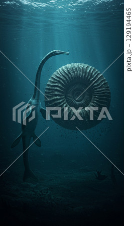海に潜む巨大爬虫類モササウルスのリアルCG 129194465
