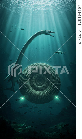 海に潜む巨大爬虫類モササウルスのリアルCG 129194467