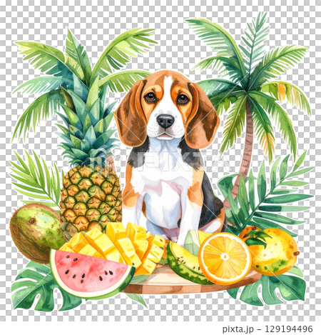 Tropical fruit platter and beagle watercolor illustration 5 / flyer and poster material 129194496