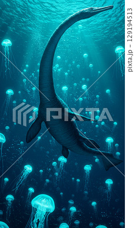 海に潜む巨大爬虫類モササウルスのリアルCG 129194513