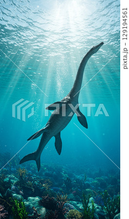 海に潜む巨大爬虫類モササウルスのリアルCG 129194561