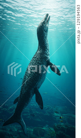 海に潜む巨大爬虫類モササウルスのリアルCG 129194563