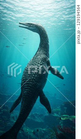 海に潜む巨大爬虫類モササウルスのリアルCG 129194564