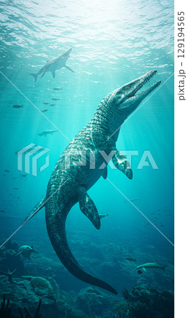 海に潜む巨大爬虫類モササウルスのリアルCG 129194565