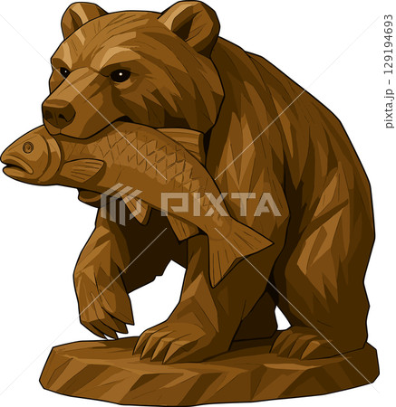 鮭をくわえた木彫りのクマのイラスト 129194693