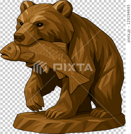 鮭をくわえた木彫りのクマのイラスト 129194693