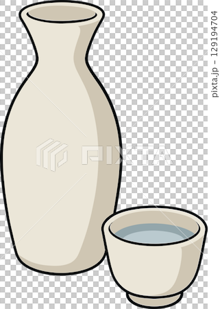 Illustration of a sake cup and a sake bottle 129194704
