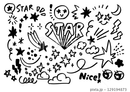 手描き風の黒い線で描かれた星やスパークルが散りばめられたシンプルで可愛い落書きイラストセット 129194873