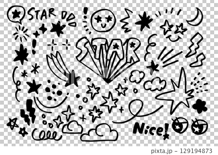 手描き風の黒い線で描かれた星やスパークルが散りばめられたシンプルで可愛い落書きイラストセット 129194873