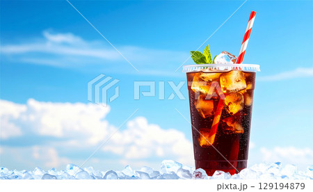 青空と砂浜の中で冷たいコーラを楽しむ夏のひととき｜氷たっぷりのプラスチックカップとリフレッシュ感あふ 129194879
