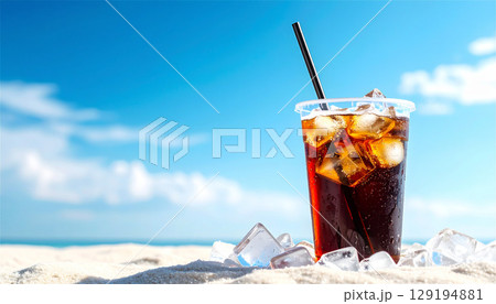 青空と砂浜の中で冷たいコーラを楽しむ夏のひととき｜氷たっぷりのプラスチックカップとリフレッシュ感あふ 129194881