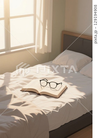 イラスト素材：ベッドの上に置かれた開いた本と眼鏡 129194908