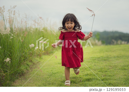 happy toddle girl in red dress running on grass field happy toddle girl in red dress running on grass field 129195033